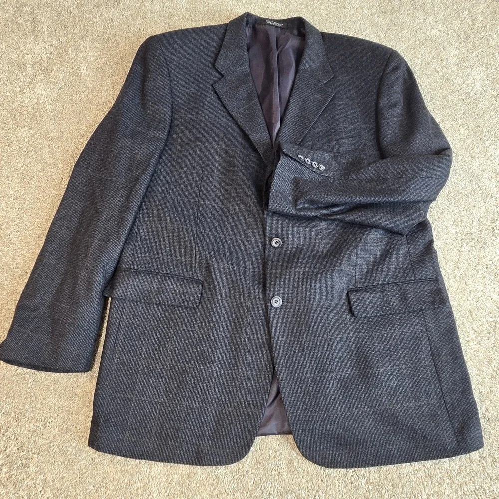 Jones New‎ York Sport Coat Mens 46L Black Blue Tweed  Plaid Lambs Wool 3 Button